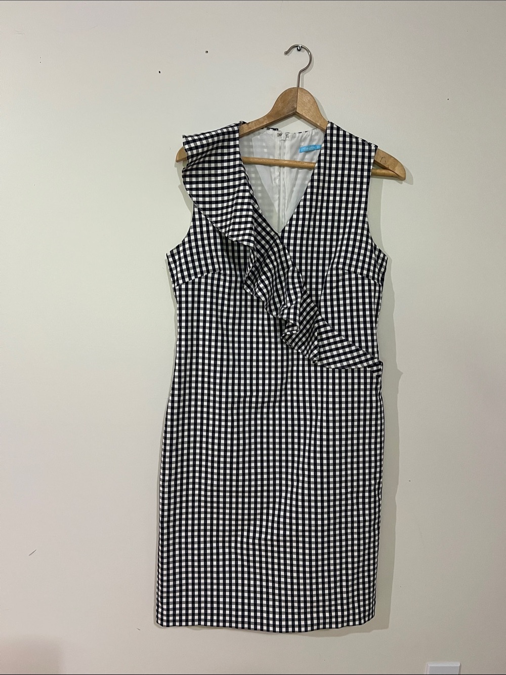 J. McLaughlin Navy Blue & White Gingham Ruffle Sheath Midi Dress
